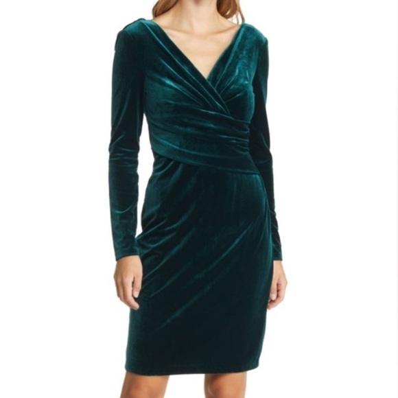 Eliza J Ruched Long Sleeve Velvet Body-Con Dress - Hunter Green 14 NWT - Picture 1 of 10